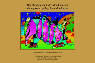 Der Monddinofant, der Monddinofant, steht reglos im gelb-grünen Mondensand.